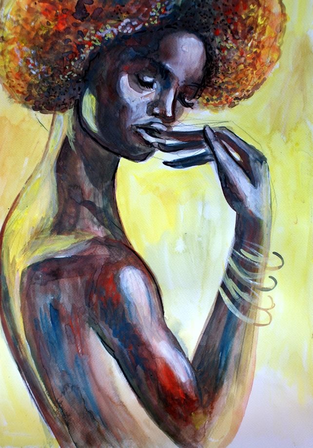 Watercolor painting, Africa inspired, African Girls, ORIGINAL, African Face, Sumi-e ink painting, 2024 Portraits, Portugal art, Alex Solodov