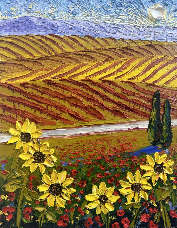 Oil Painting Tuscany Sunflower Fields: Large Original Canvas Art | Ready to  Hang | 32x40 inches - Stretched Canvas, Ready To Ship